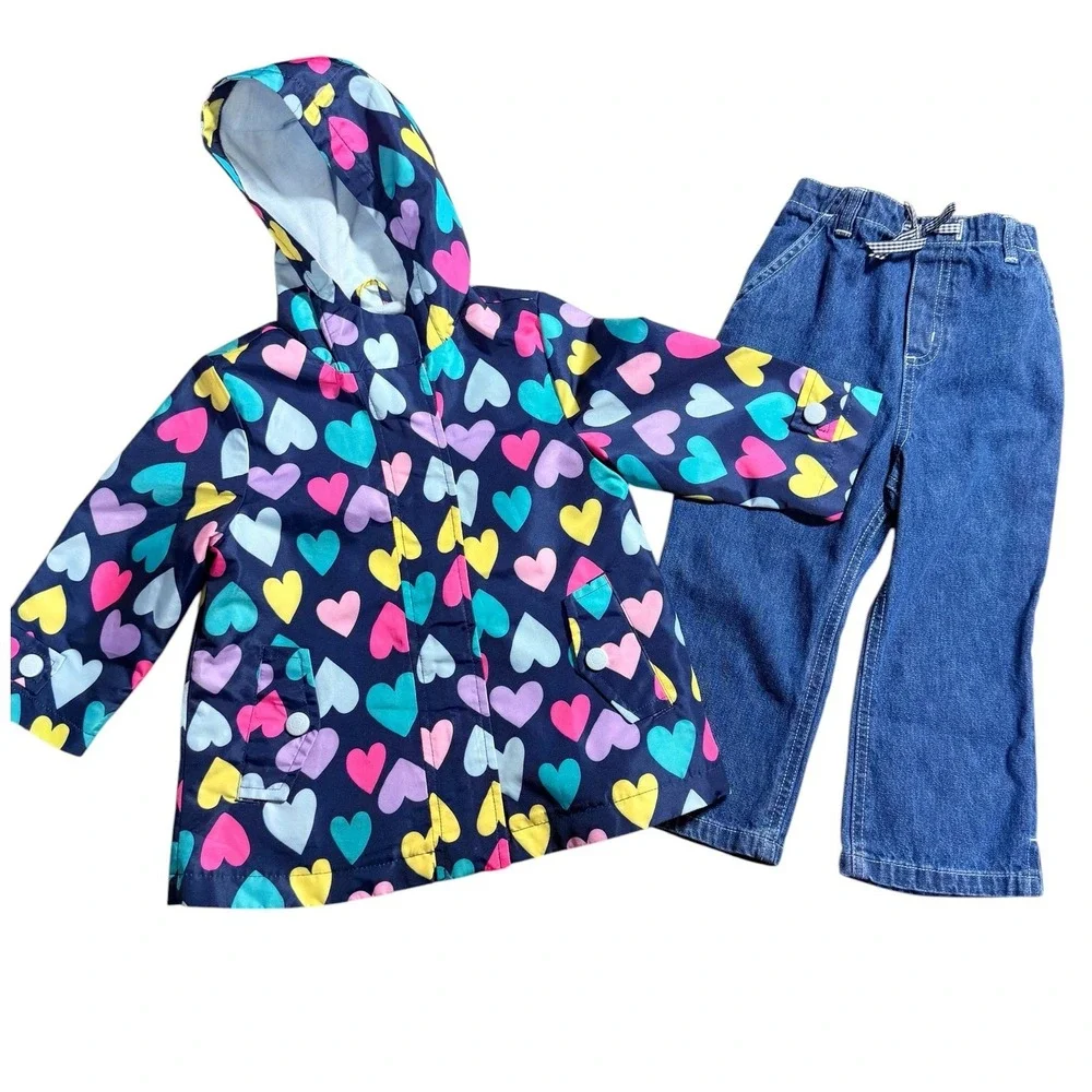 Carters Toddler Rain Jacket‎ & Cherokee Denim Jeans Girls Size 24M Outfit Set